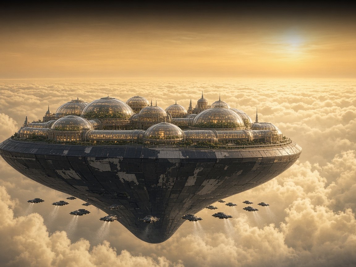 The Morning-Star Citadel, a sealed domed city on a solid hull, floating 65 km above the surface of Venus while AI drone ships coat its underside