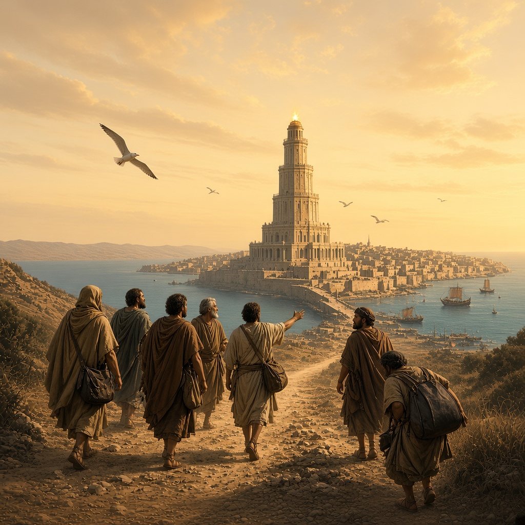 Six men from the Morning-Star Citadel, disguised as foreign scholars, walk together toward ancient Alexandria beneath gulls and a bird, with the Pharos lighthouse rising over the harbor